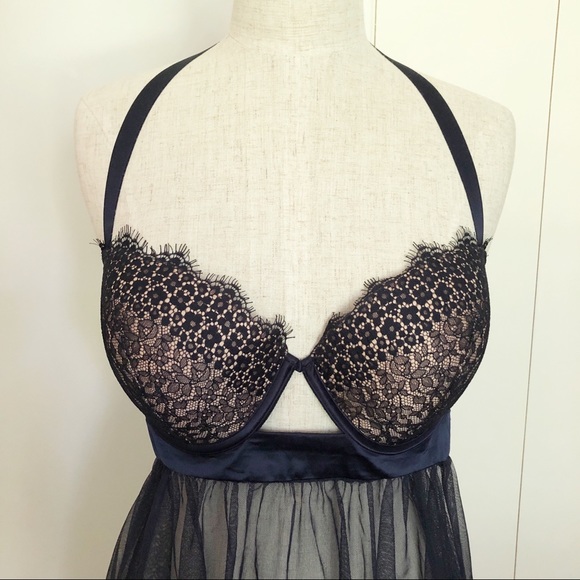Victoria’s Secret 36DD 14DD Navy Blue Lace Babydoll Lingerie Cami Halter - Picture 2 of 10